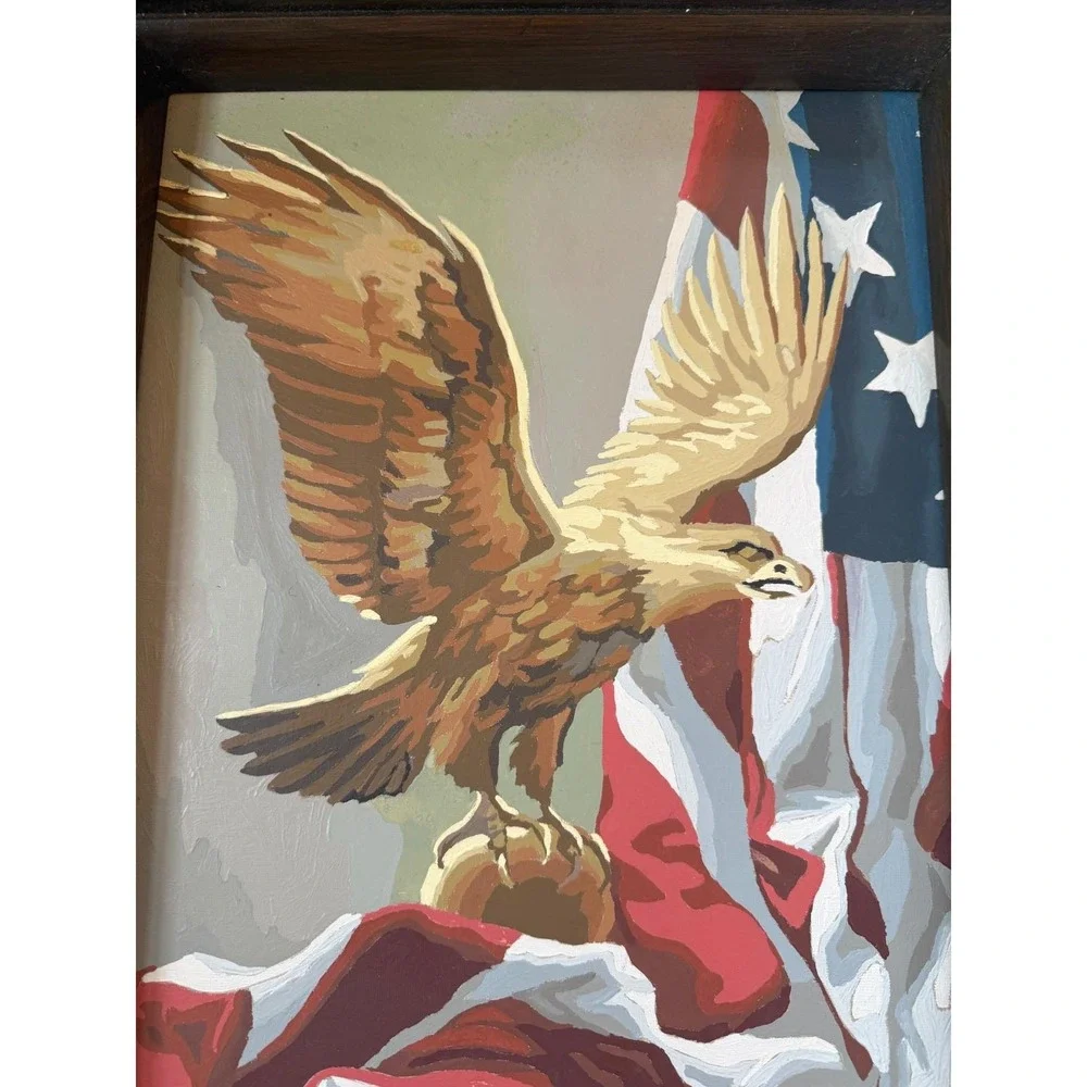 Vintage 1970s Paint by Number Eagle Flag Painting - Framed Americana Folk Art